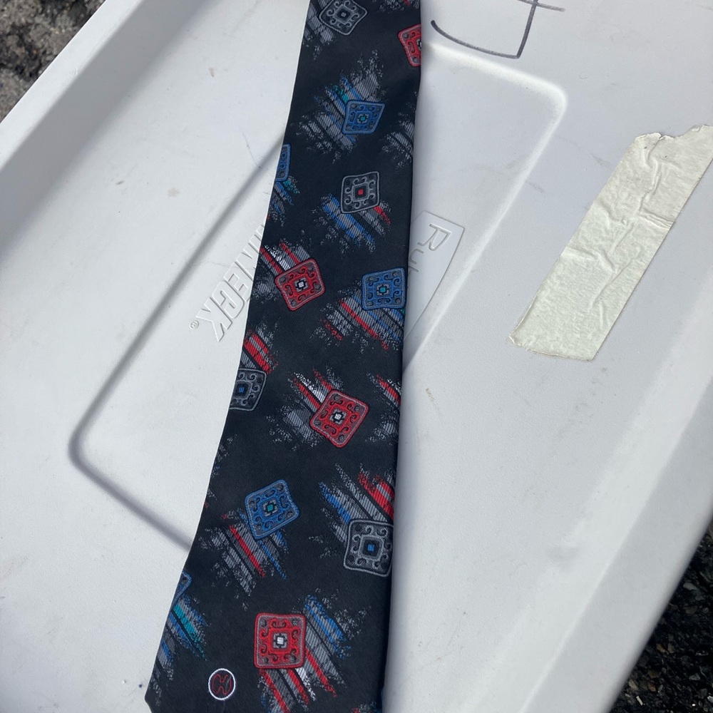 H by Halston Black Tie with Red and Blue Patterns